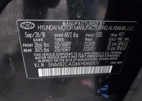 2019 Hyundai Santa Fe Se from USA, damaged, VIN 5NMS2CAD6KH046005